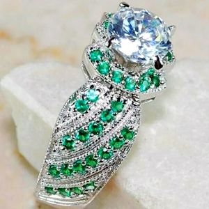 2CT Natural Emerald & Topaz 925 Solid Sterling Silver Ring